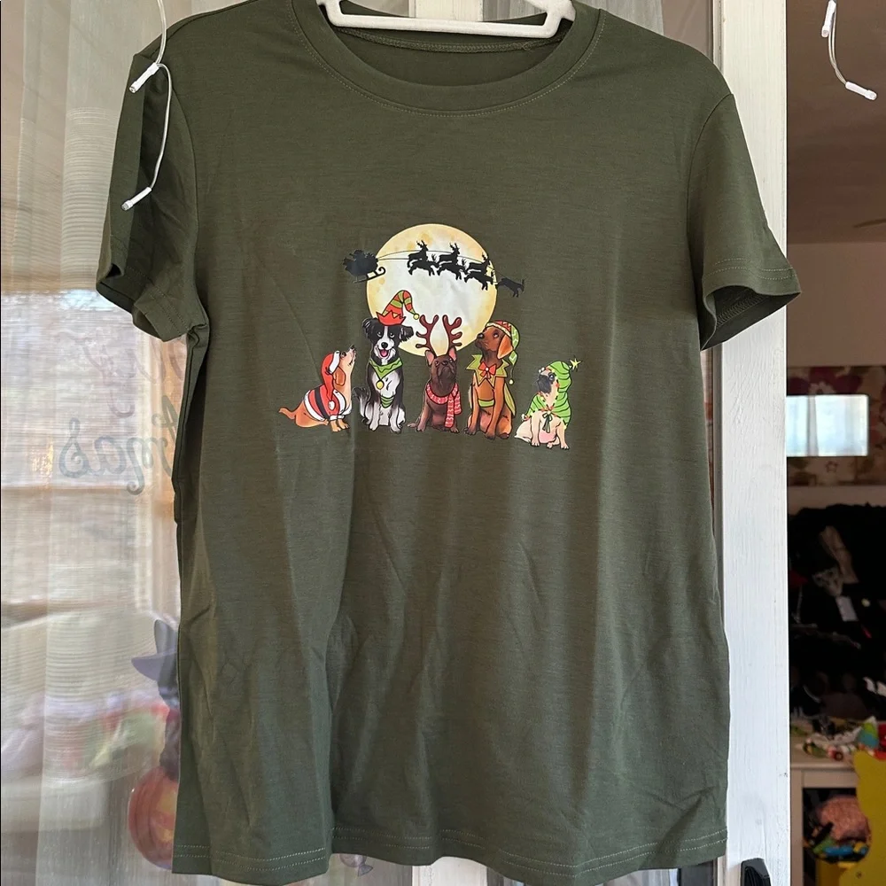Festive Dog Christmas Graphic T-Shirt - Army Green - Picture 2 of 5